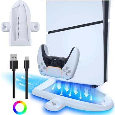 Imagem de TIZOPO Suporte fino para PS5 e estação de resfriamento com estação de carregamento LED RGB para console PS5 Slim Dock de resfriamento com ventilador de resfriamento de 3 níveis e controlador PS5 duplo