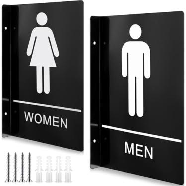 Imagem de Shimeyao Pacote com 2 placas de banheiro de 22 x 15 cm para negócios, placa de banheiro de alumínio preto com dupla face para decoração de parede de porta de banheiro (conjunto masculino e feminino)