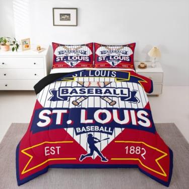 Imagem de jejeloiu Jogo de cama de beisebol macio para meninos e meninas, conjunto de edredom de tamanho casal, beisebol, cidade, microfibra, esportes, jogos, decoração de quarto, 3 peças com 2 fronhas
