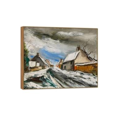Imagem de BMZFYBS Pôster e impressões de arte famosa da paisagem - Imagem de decoração de parede em tela - Rua da vila sob a neve - Pintura em moldura de madeira para casa 50 x 60 cm 20 x 24 pol