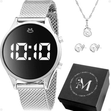 Imagem de Relogio Feminino Aco Digital Prata + Colar + Brincos inoxidável academia qualidade premium silicone