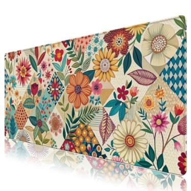 Imagem de AIMSA Mouse pad estendido para jogos, tapete de mouse grande, base de borracha, com bordas costuradas, tapete de mesa antiderrapante para escritório, casa, 90 x 40 cm, folhas de flores coloridas