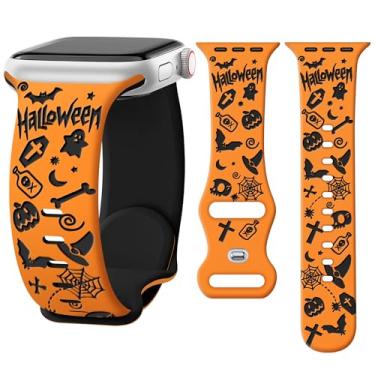 Imagem de Melyis Pulseira de silicone para Apple Watch de Halloween de 42 mm (série 10) 41 mm, 40 mm e 38 mm, pulseira macia para Apple Watch séries 10, 9, 8, 7, 6, 5, 4, 3, SE, laranja e preto