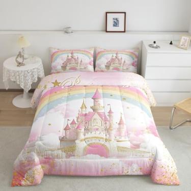 Imagem de Feelyou Conjunto de edredom com tema de princesa, castelo rosa, tamanho solteiro, para crianças, meninos, meninas, rosa, para decoração de quarto de crianças com 1 fronha