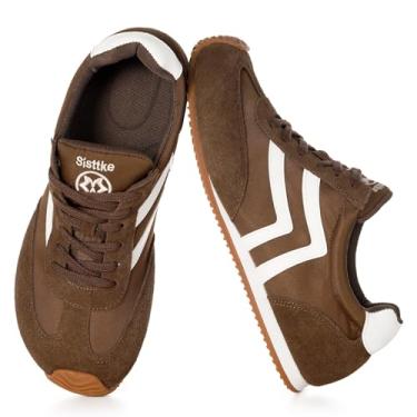 Imagem de Tênis fashion feminino casual de largura larga, couro legítimo, tênis de caminhada, moderno, leve, confortável, cadarço antiderrapante, para uso ao ar livre, com palmilha de espuma viscoelástica, Café