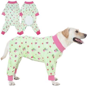 Imagem de OUOBOB Pijama de cachorro com 4 pernas para cães de médio e grande porte - macacão macio de algodão com elasticidade nas 4 direções, confortável e respirável para clima frio e descanso interno - Verde