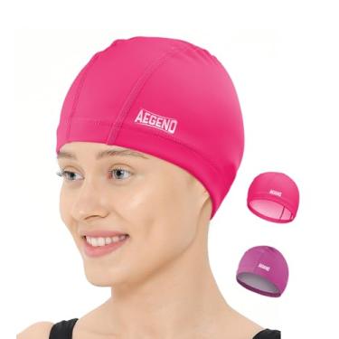 Imagem de Aegend Touca de natação de tecido, camada impermeável de silicone - touca de natação de tecido respirável, mantém o cabelo seco com alta elasticidade para adultos, 3 tamanhos para escolher (rosa