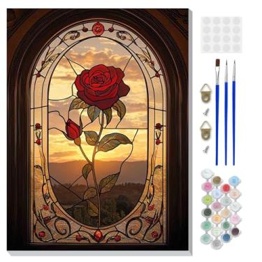 Imagem de DOMROM Kit de pintura emoldurada por números para adultos iniciantes com cavalete de madeira, kit de pintura rosa DIY por número em tela, kits de pintura a óleo DIY para decoração de parede de casa