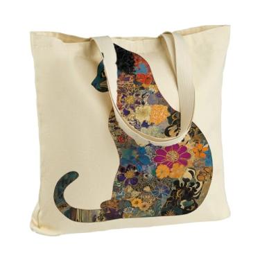 Imagem de ANNA QUEEN Sacola de lona, 35 x 40 cm, bolsa de ombro reutilizável, algodão poliéster, estilo casual, Gato, 13.7 X 15.7 Inches