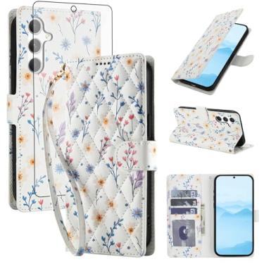 Imagem de Asuwish Capa de celular para Samsung Galaxy S23 FE 5G carteira celular com protetor de tela de vidro temperado porta-cartão de flor com suporte protetor S 23 EF S23FE 23S mulheres homens uma flor