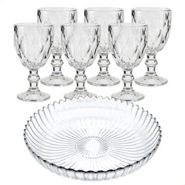 Imagem de Kit Travessa Prato Fruteira Jogo Conjunto 6 Taças de Vidro Grosso Diam