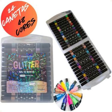 Imagem de 24 Canetas Hidrografica Com Glitter Ponta Dupla 48 Cores Ref. JF494 - 