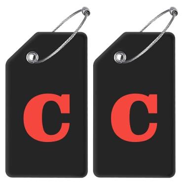 Imagem de Gostwo Pacote com 2 etiquetas de bagagem de silicone para malas, 26 etiquetas de bagagem com letra inicial, bolsa escolar, etiqueta de instrumento com laço de aço inoxidável (preto e branco) (letra C)