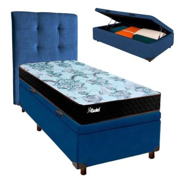 Imagem de Cama + Bau Azul E Colchão Molas Ensacadas Solteiro - Life Gold Paropas + Cabeceira
