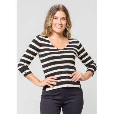 Imagem de Blusa 3/4 Modal Pau a Pique Listrada Bege e Preto