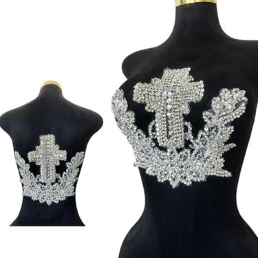 Imagem de Patch bordado feito à mão com contas cruzadas, aplique de strass feito à mão, design criativo, decoração de roupas para vestido de casamento antecessor ou terno masculino nas costas (prata)