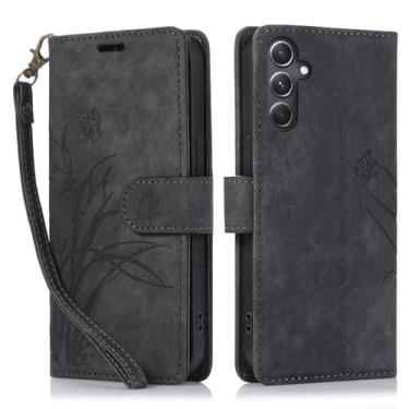 Imagem de Capa carteira para Samsung Galaxy A55 5G, capa de telefone de couro com padrão de borboleta orquídea com 3 compartimentos para cartão e 1 compartimento para dinheiro, fivela magnética à prova de