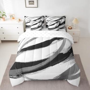 Imagem de jejeloiu Conjunto de edredom preto e cinza, 7 peças, Queen, linha abstrata, para crianças, meninos, meninas, moderno, geométrico, para decoração de quarto, respirável, macio e leve de microfibra
