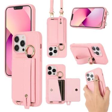 Imagem de Pulseira carteira cartões solt crossbody capa de couro para iphone 15 pro max 14 plus 13 12 11 anel titular cordão saco bolsa capa, rosa, para iphone 11
