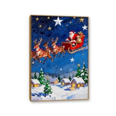 Imagem de Zeichn8u Arte de parede em tela de Natal Papai Noel impressões em tela para sala de estar cozinha banheiro casa céu estrelado azul Papai Noel pôsteres de natal decoração de quarto 60 x 40 cm (24 x 16