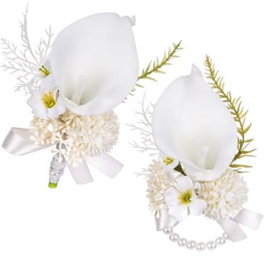 Imagem de Conjunto de lapela branca e corpete para casamento – 2 peças de flores artificiais de corsetes e boutonnieres para baile de formatura, flor na lapela e corpete para celebração de aniversário