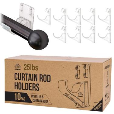 Imagem de 10 suportes de varão de cortina resistente com gancho largo, 5 x mais fortes do que ganchos de varão de cortina adesivos, suporte de haste de cortina de tensão de 11 kg para parede com guia de nível e
