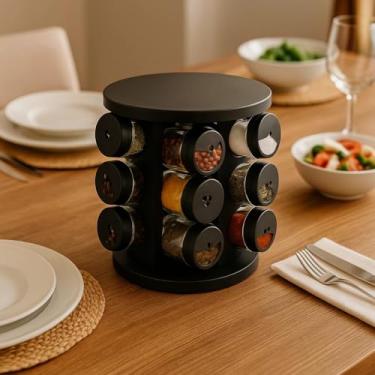 Imagem de Porta Temperos Condimentos - Giratório - 9 Potes De Vidro e Suporte com Tampa Dosadora -Preto - Organizador
