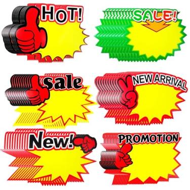 Imagem de 60 peças de letreiros de papel de venda, 18 x 13 cm, cartões de sinalização de papel explosivo, etiquetas de venda a varejo para venda de garagem, 6 estilos