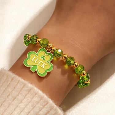Imagem de Pulseiras femininas banhadas a ouro com contas verdes delicadas com pingente de trevo de chapéu verde, hipoalergênico, não mancha, joia moderna ideal para eventos temáticos irlandeses, One Size, Liga