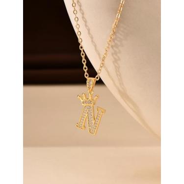 Imagem de 1 colar de coroa de diamante banhado a prata com letra A-Z para mulheres, joia fina, presente para mamãe, 40+6cm, Cobre, Sem Pedra Preciosa