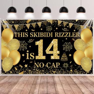 Imagem de SMENGGIL Black Gold This Skibidi Rizzler is 14 No Cap Happy Birthday Pano de Fundo Banner Fotografia Decorações de Fundo para Meninos Meninas 14º Ano Aniversário Acessórios de Festa Suprimentos 185 x