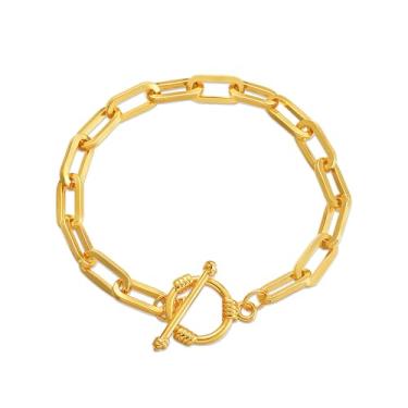 Imagem de KELMALL Pulseira feminina banhada a ouro 14K – Corrente elegante com clipe de papel com fecho de botão – 16,69 cm
