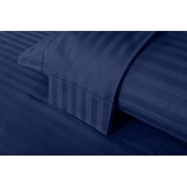 Imagem de Jogo de lençol de cama luxuoso com 4 peças, 500 fios, 100% algodão, 2 cm, listras damasco ELS da Threadmill Home, para colchões de até 45 cm de profundidade, cetim liso, Folkstone Blue, King Pillowcases
