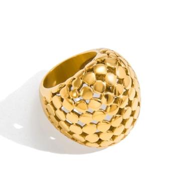 Imagem de Anel de declaração de cúpula grossa para mulheres e homens - Anel de dedo de promessa croissant oco banhado a ouro 14K com contas de ouro 14 quilates, joia de aniversário de noivado para mãe, tamanho