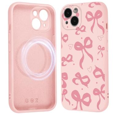 Imagem de Vulfwela Capa de telefone fofa com laço de coração coquete para iPhone 15 capa magnética de 6,1 polegadas, compatível com Magsafe, capa de padrão de laço de fita estética proteção de silicone líquido