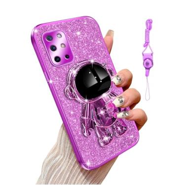 Imagem de Annyojo Capa para Oneplus 8T, capa de telefone transparente com glitter de luxo para mulheres e meninas com suporte de astronauta 6D, capa protetora à prova de choque para Oneplus 8T, roxa