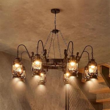 Imagem de Lustre retrô americano com LED, estilo industrial, criativo, para sala de estar, restaurante, quarto, casa de campo, loft, loja de roupas, lan house, bar, luminária pendente (D 8 lâmpadas)