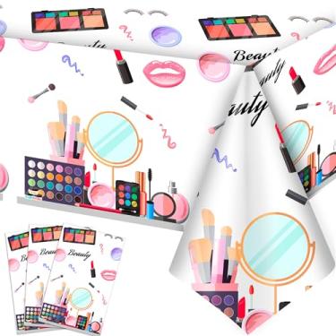 Imagem de 3 peças de toalha de mesa de festa de maquiagem, 277 x 137 cm, toalha de mesa de aniversário de spa para decoração de festa de aniversário de spa