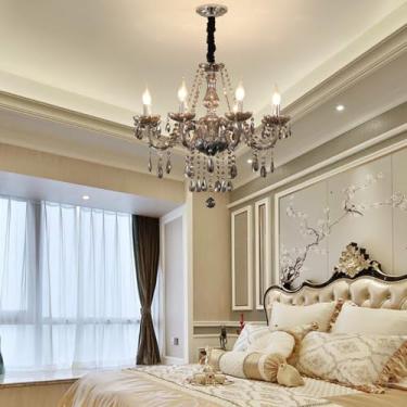 Imagem de Lustre de cristal prateado europeu para velas, luxuoso, para sala de estar, restaurante, quarto, hotel, villa, loja de roupas, salão de beleza, café, bar, karaokê, com luminária pendente de