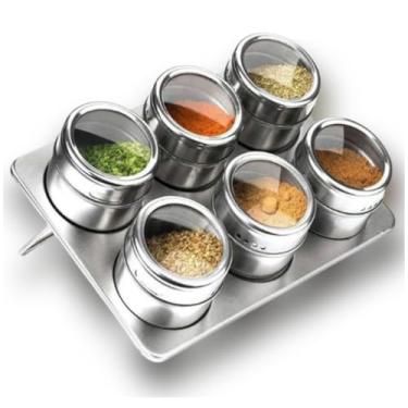 Imagem de Conjunto Porta Temperos Magnético, 6 Potes em Aço Inox Escovado com Visor Acrílico, Base Metálica, Organizador para Cozinha, 23x16x10cm