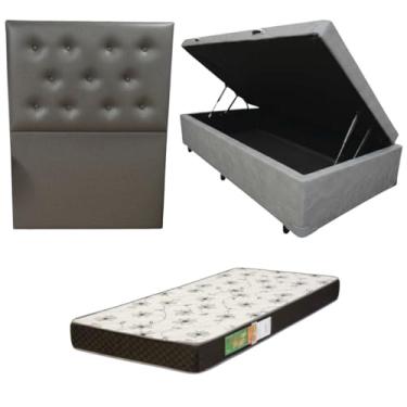 Imagem de Cama Box Baú Solteiro Blindada com Colchão Solteiro Espuma D20 12cm | Kit Completo com Cabeceira Botonê Opcional | Diversas Cores (3, CORINO CINZA, COM CABECEIRA)
