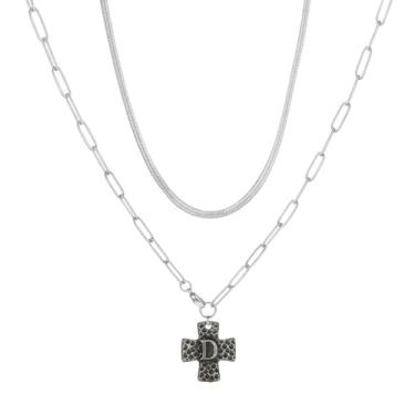 Imagem de MANZHEN Colar de cruz grossa para mulheres, pingente de cruz com inicial em camadas, vintage, clipe de papel, espinha de peixe, gargantilha de cobra, joia de fantasia, 18 Inches, Metal, Sem Pedra