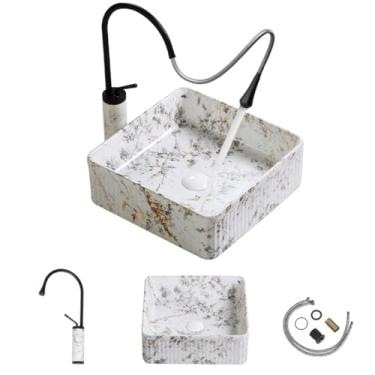 Imagem de Pia de vaso retangular de 38 cm com combinação de torneira e dreno, pias decorativas de banheiro revestidas de mármore acima do balcão, pequena pia de cerâmica moderna para pia de arte