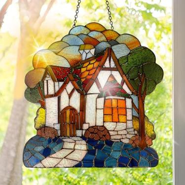 Imagem de Apanhador solar de acrílico colorido, decoração de janela suspensa de casa de campo com design de vitral impresso, apanhador de sol, arte de parede de arco-íris, ornamentos de Natal para uso interno e