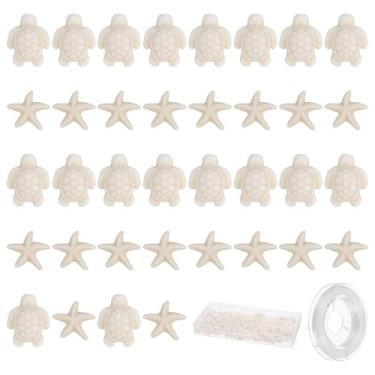 Imagem de YOKIVE 200 peças de contas de estrela do mar, orifício de 1 mm, 2 estilos, contas sintéticas turquesa, verão, mar, oceano, animal, berloque com fio elástico e caixa, ótimo para fazer joias DIY (branco