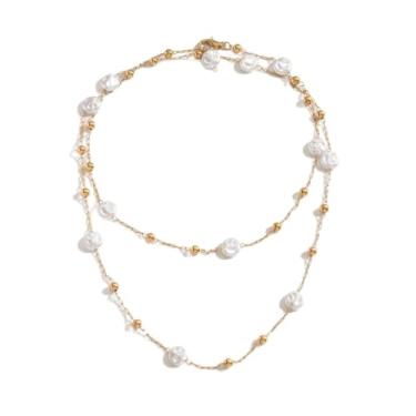 Imagem de Colar feminino com contas de pérolas em camadas douradas, colar versátil em Y e gargantilha de camada dupla, corrente ajustável elegante para uso diário e festa