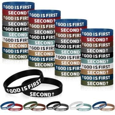 Imagem de Honoson 100 pulseiras cristãs de silicone religiosas inspiradoras God Is First, pulseira para adultos, versículo bíblico, pulseira de Jesus Faith para homens, mulheres, família, Natal, igreja