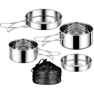 Imagem de Conjunto de 4 peças de panelas de acampamento, aço inoxidável 304 de qualidade, panelas dobráveis ao ar livre, pratos para mochila, equipamento de cozinha de acampamento portátil, kit essencial para
