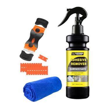 Imagem de LUXFINISH Spray removedor de adesivo com raspador e toalha - remove adesivos, etiquetas, resíduos de fita da tinta do carro, vidro, azulejo - fórmula segura para várias superfícies - 100 ml