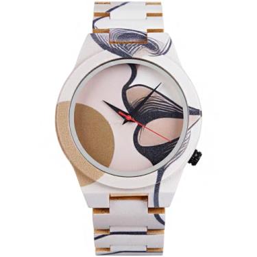 Imagem de Relógio masculino masculino de madeira de bambu com estampa artística de quartzo japonês leve com pulseira ajustável, UVP-branco